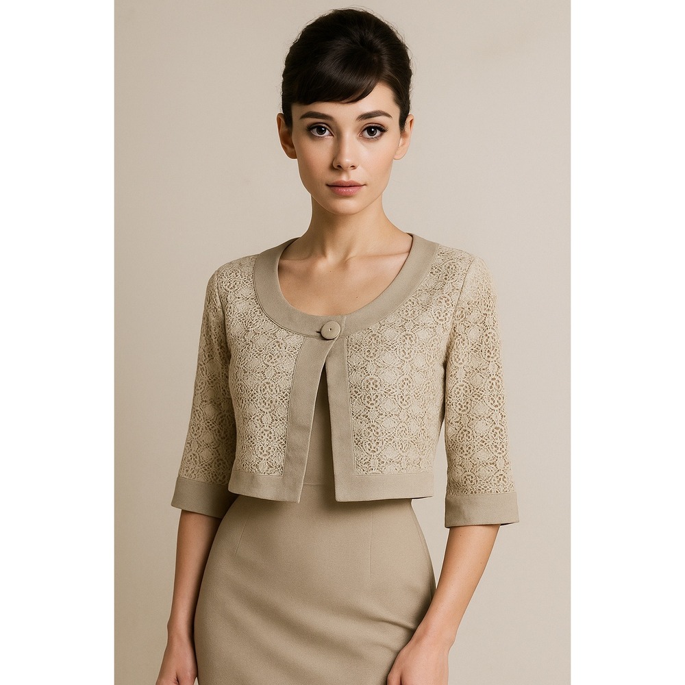 Vintage Cache Romantic Modern Aubrey Hepburn Jacket size 6 Tan White Linen‎ Lace
